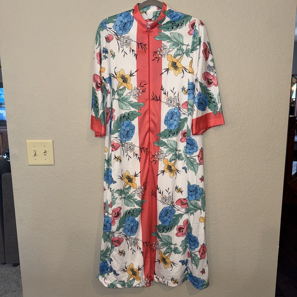 Vintage Evelyn Pearson Go Coat 1/2 Zip Front Lounge Maxi Robe Kimono Floral S/M